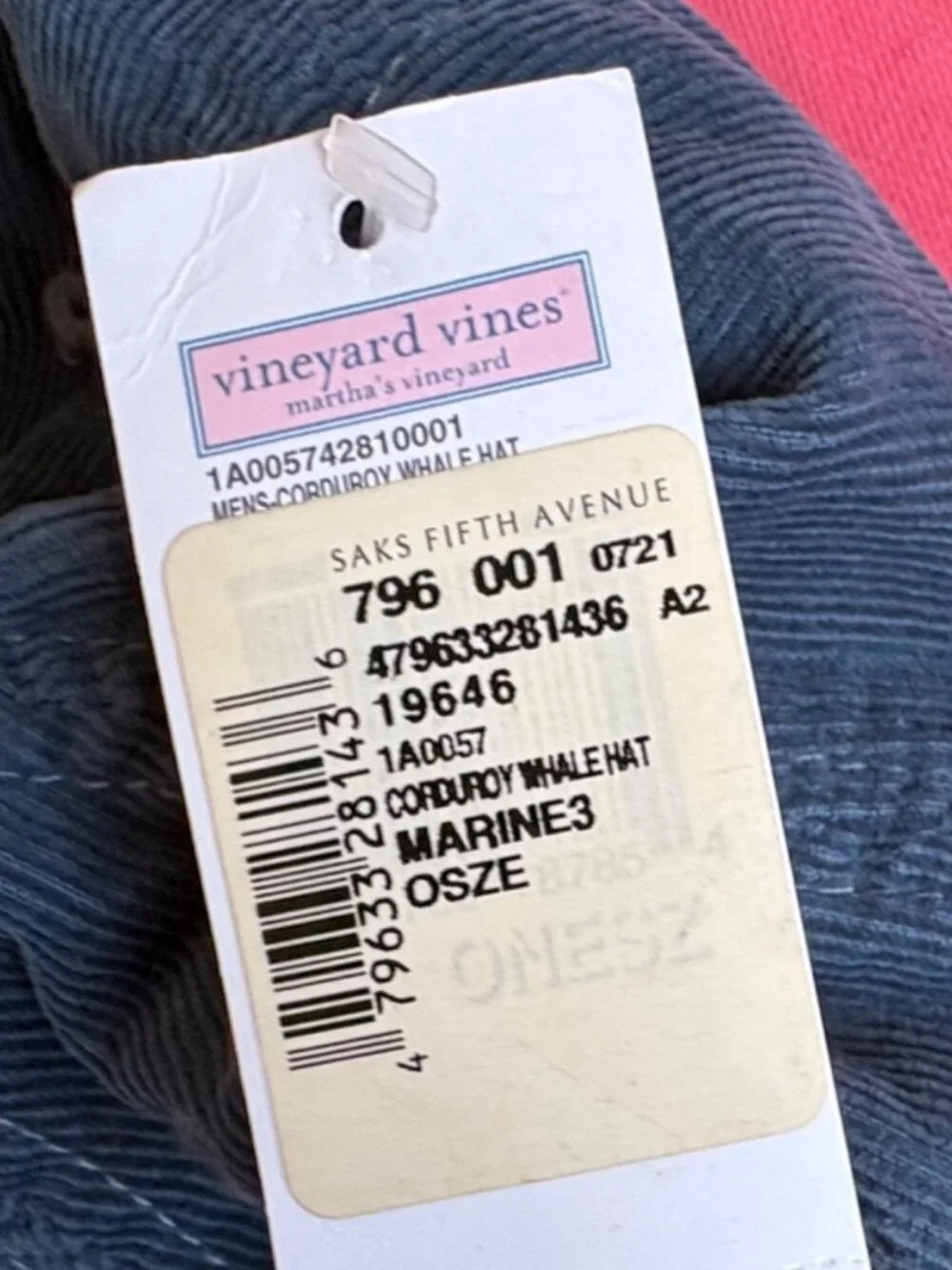 NWT Vineyard Vines Corduroy Whale Hat Navy Blue Adjustable Baseball Cap - Picture 2 of 2
